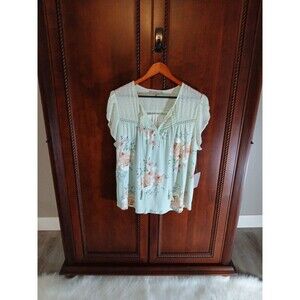 NWT Daniel Rainn Women's Size XXL S-Sleeve Swiss Dot V-Neck w/Fringe Tie Floral